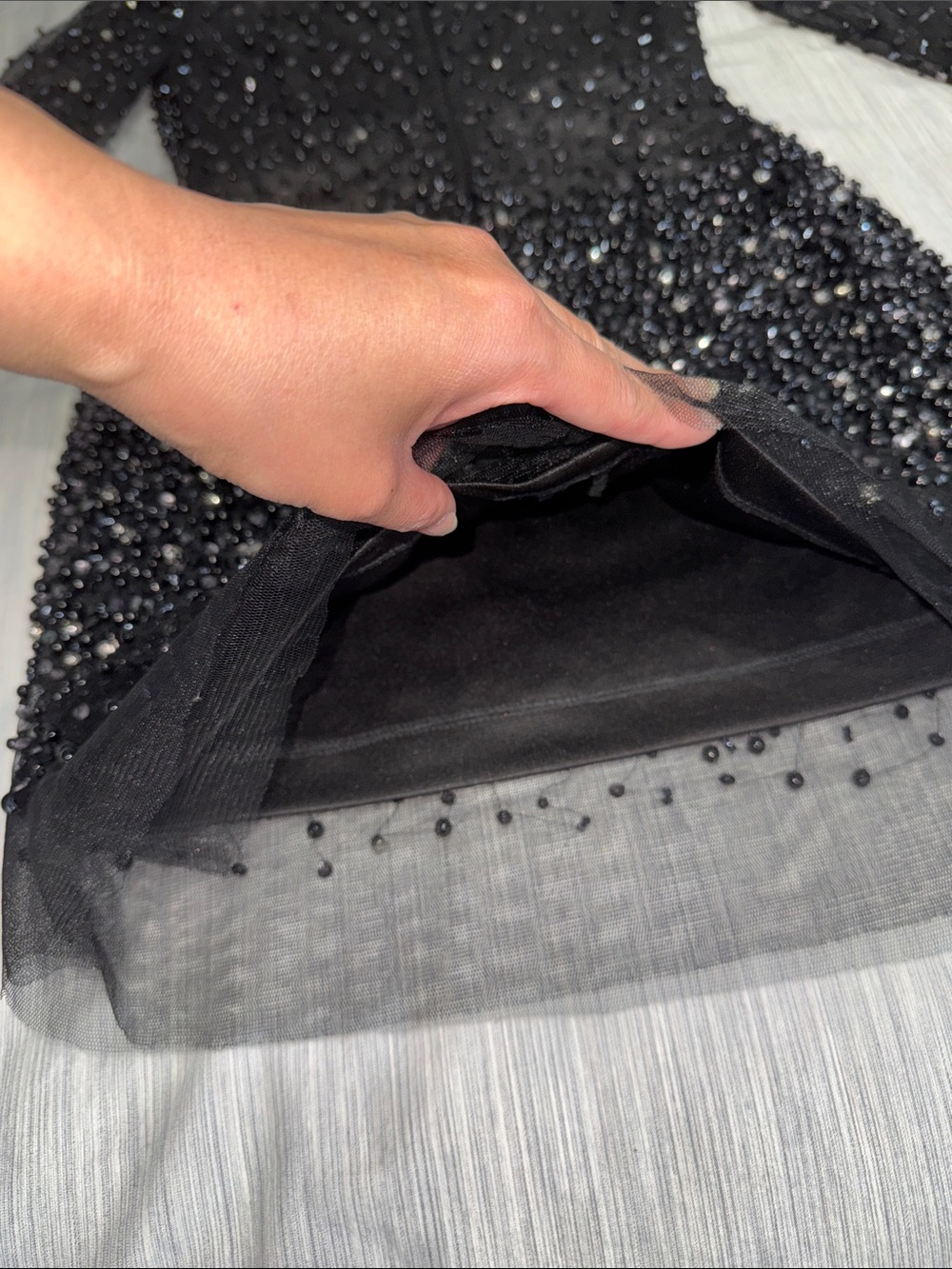 Black Beaded Sheer Mesh Long-Sleeve Mesh Mini Cocktail Dress - Picture 13 of 17
